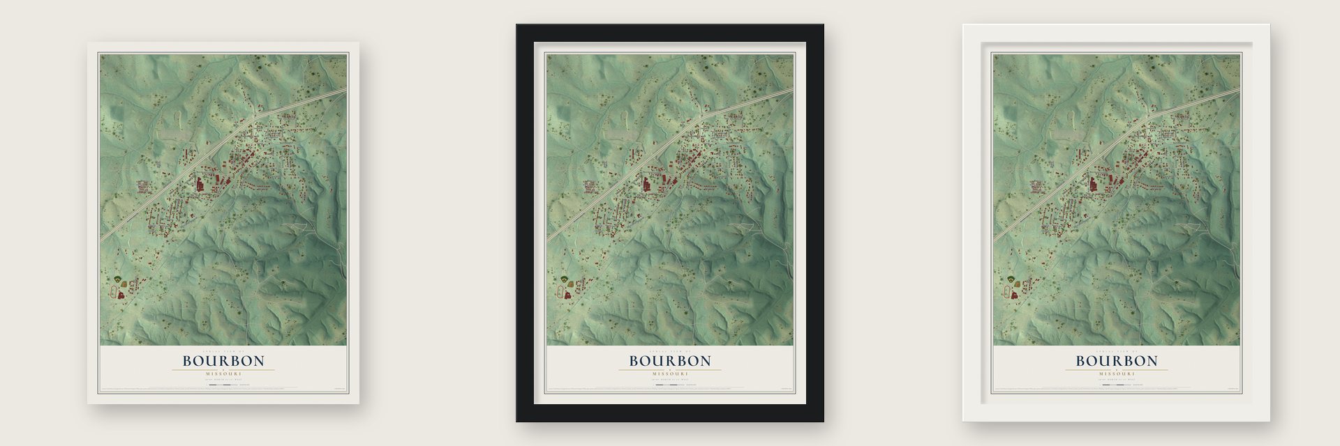 Bourbon, Missouri map unframed, in a black wood frame and in a white wood frame
