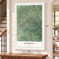 Bourbon, Missouri map, 24 x 36 inch print in a white frame by a staircase