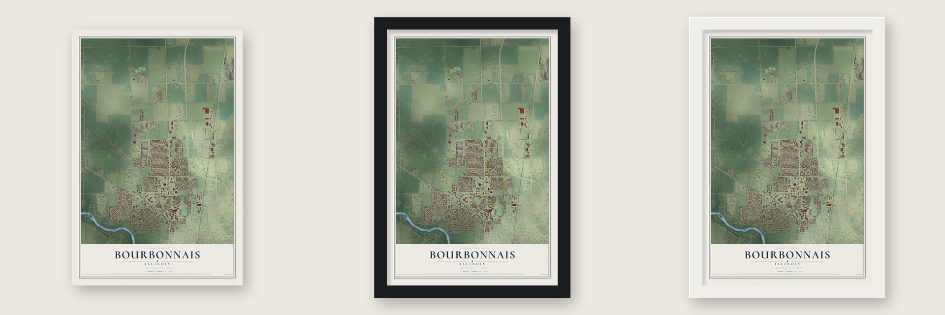 Bourbonnais, Illinois map unframed, in a black wood frame and in a white wood frame