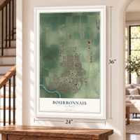 Bourbonnais, Illinois map, 24 x 36 inch print in a white frame by a staircase