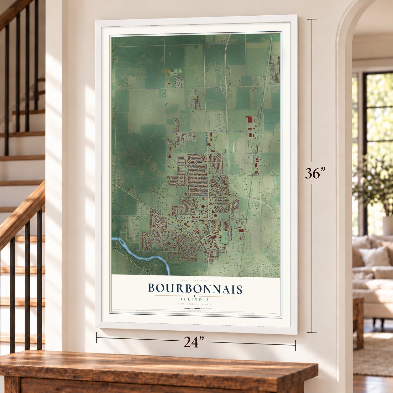 Bourbonnais, Illinois map, 24 x 36 inch print in a white frame by a staircase