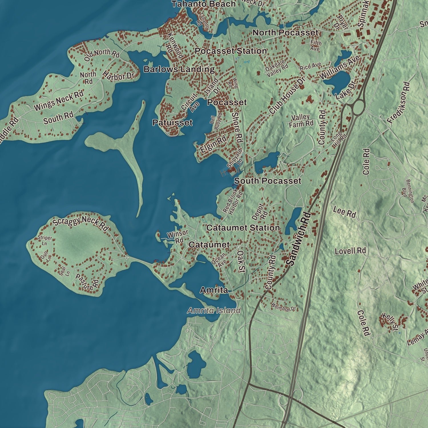Close-up of the map of Bourne, Massachusetts print showing terrain and local geography