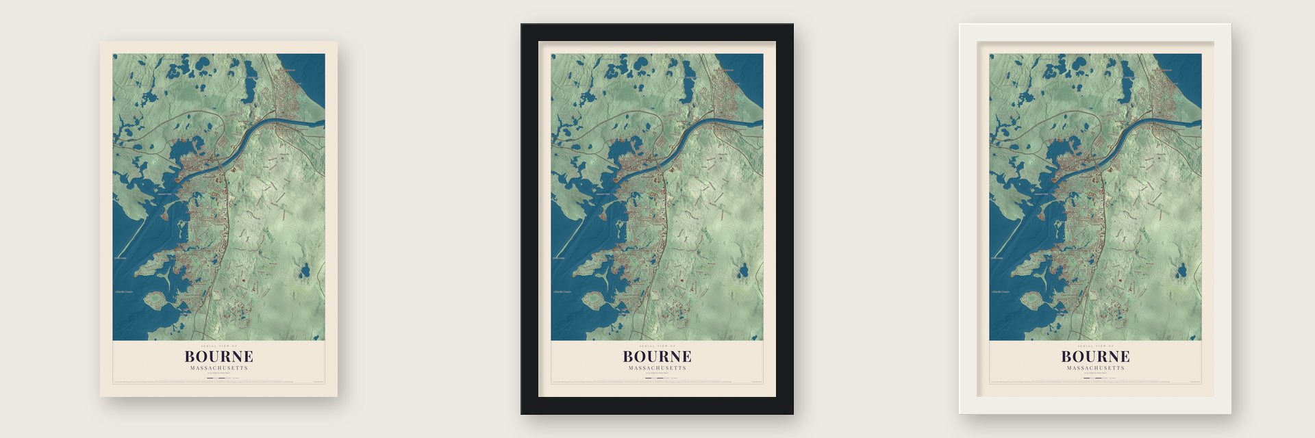 Bourne, Massachusetts map unframed, in a black wood frame and in a white wood frame