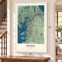 Bourne, Massachusetts map, 24 x 36 inch print in a white frame by a staircase