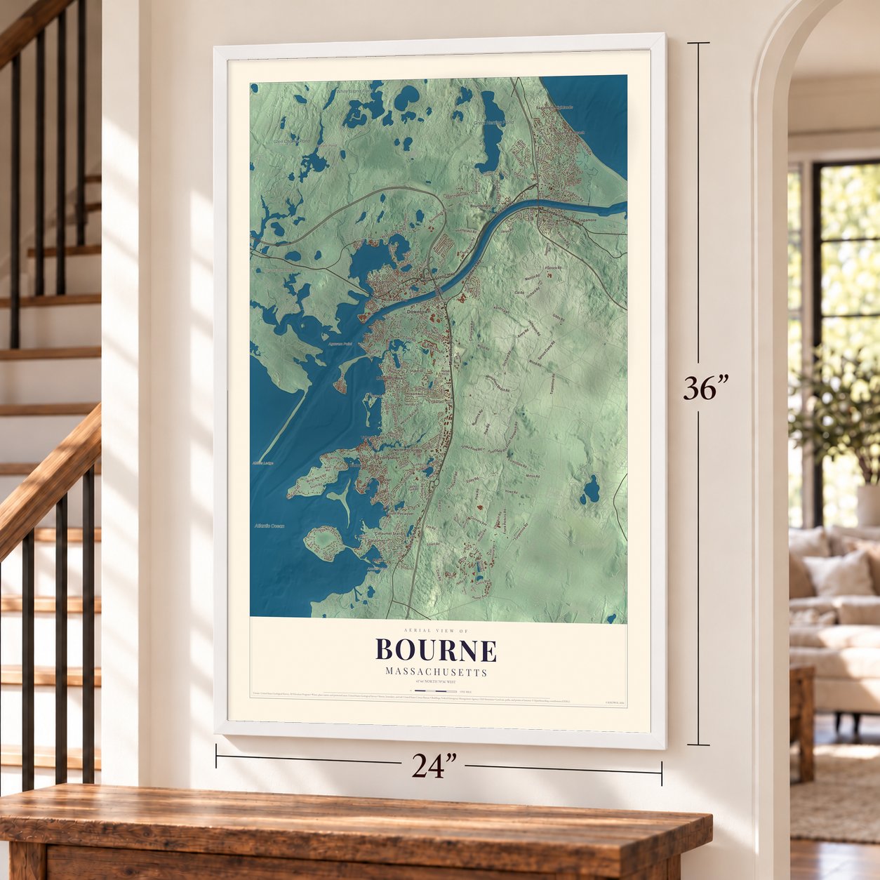 Bourne, Massachusetts map, 24 x 36 inch print in a white frame by a staircase