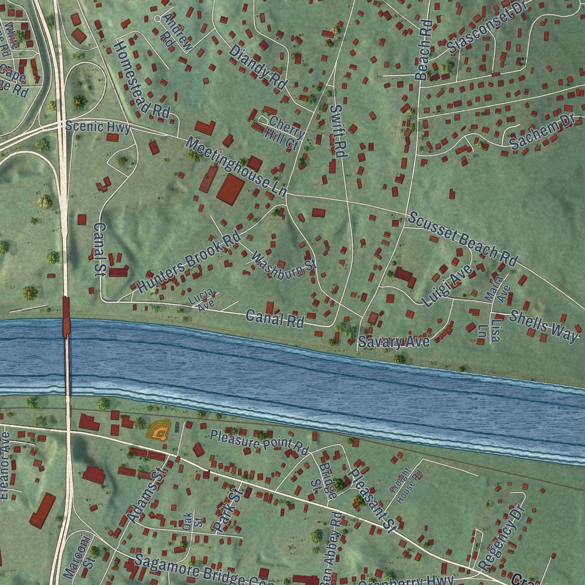 Second close-up of the map of Bournedale, Massachusetts print showing more streets and buildings