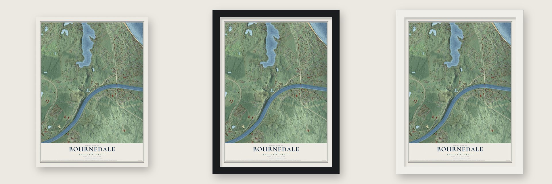 Bournedale, Massachusetts map unframed, in a black wood frame and in a white wood frame