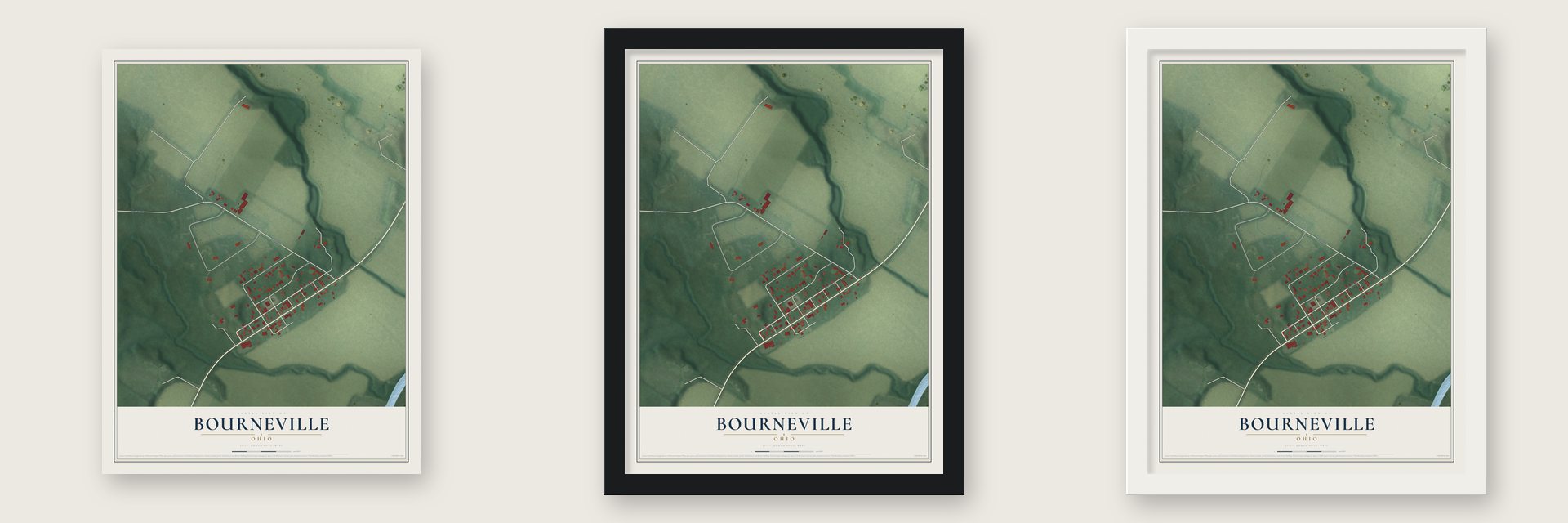 Bourneville, Ohio map unframed, in a black wood frame and in a white wood frame