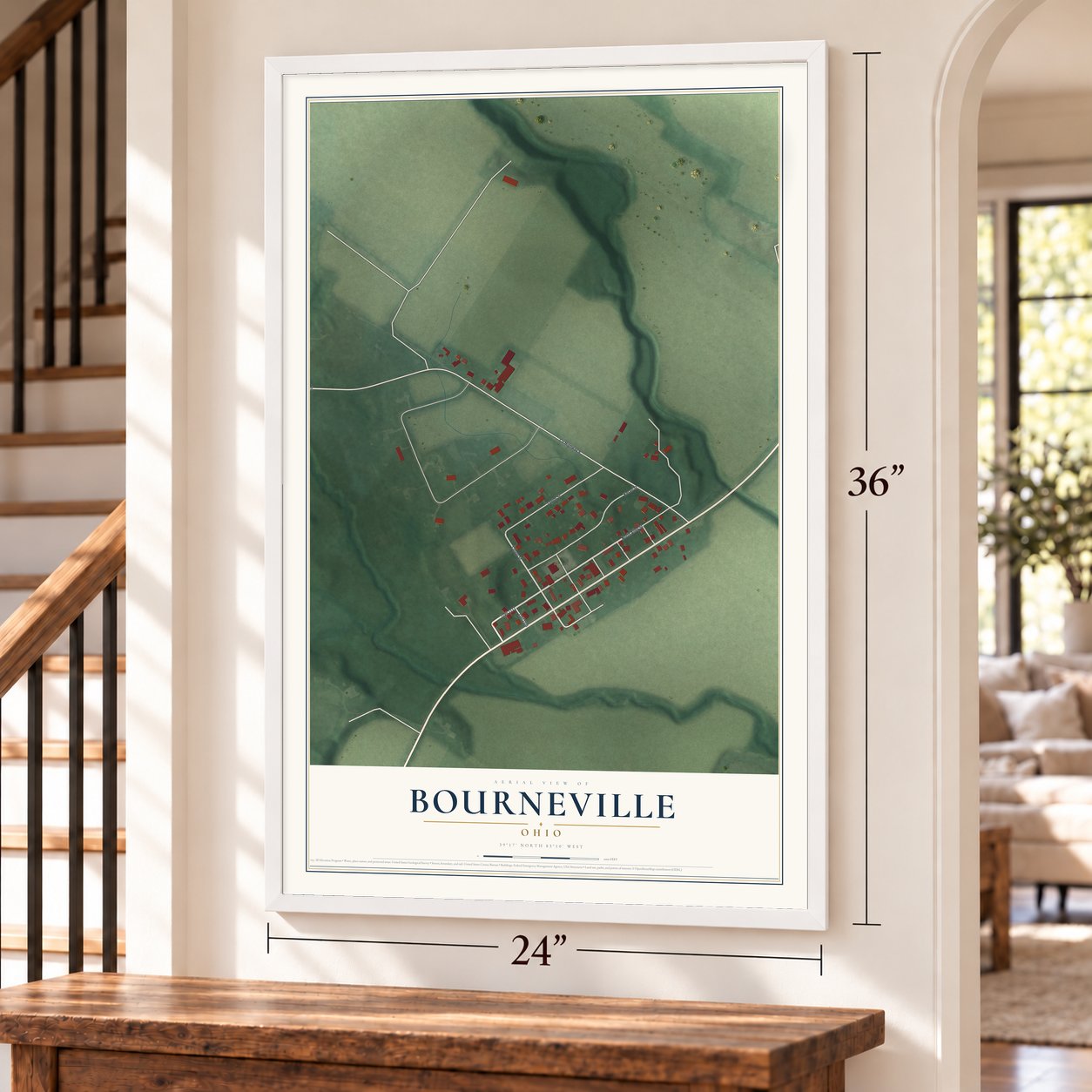 Bourneville, Ohio map, 24 x 36 inch print in a white frame by a staircase