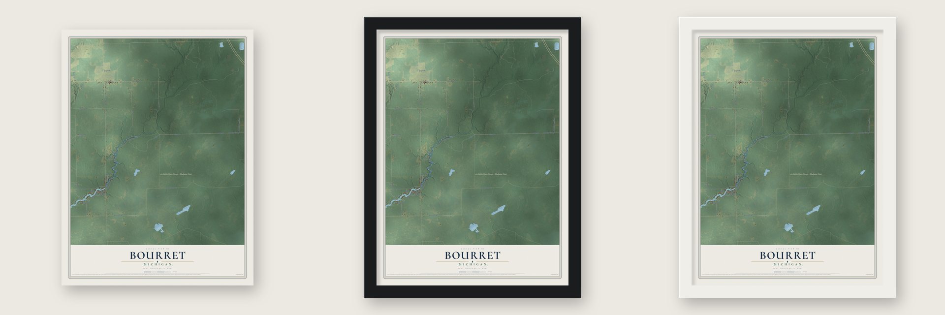 Bourret, Michigan map unframed, in a black wood frame and in a white wood frame