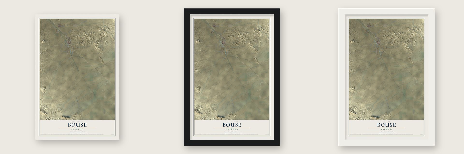 Bouse, Arizona map unframed, in a black wood frame and in a white wood frame