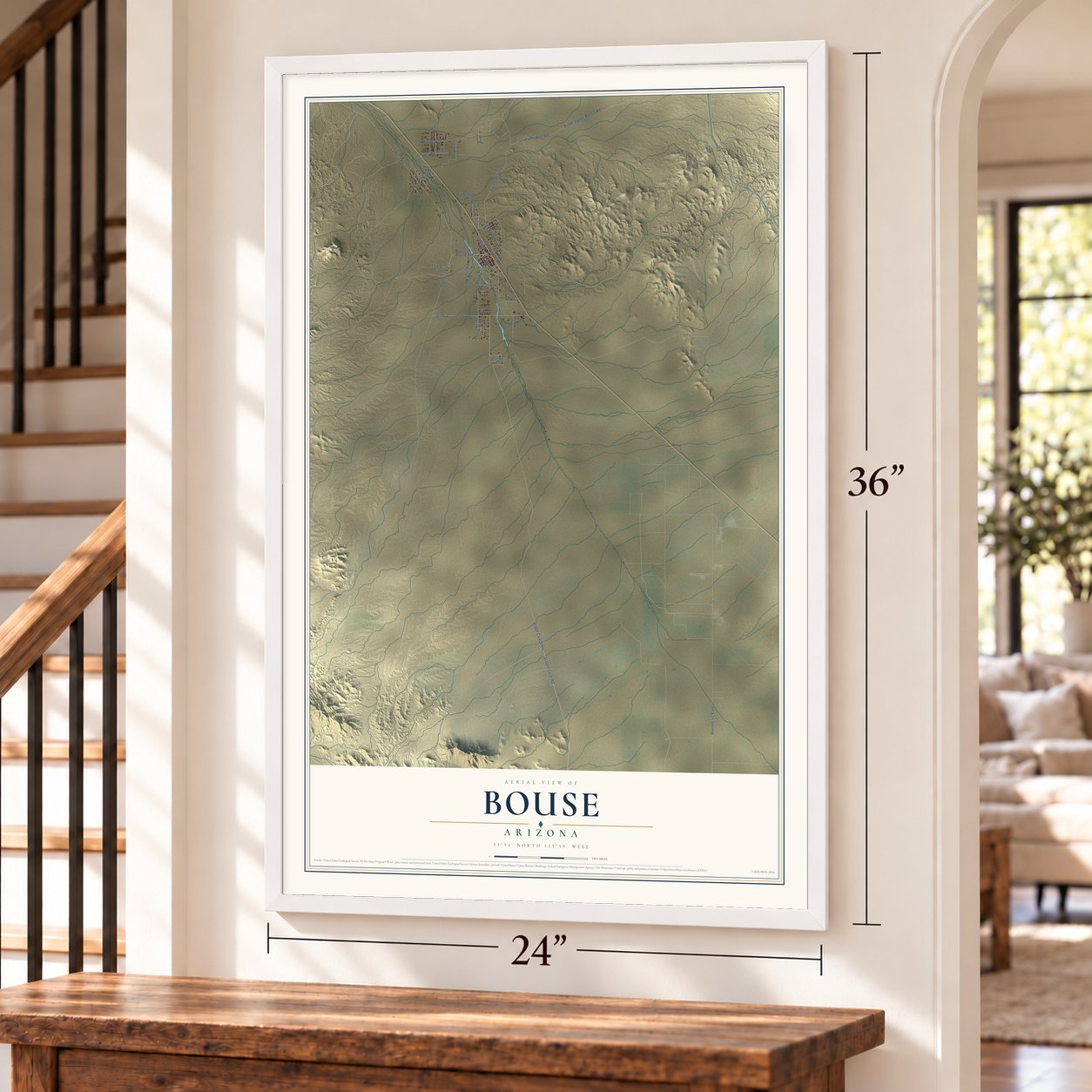 Bouse, Arizona map, 24 x 36 inch print in a white frame by a staircase