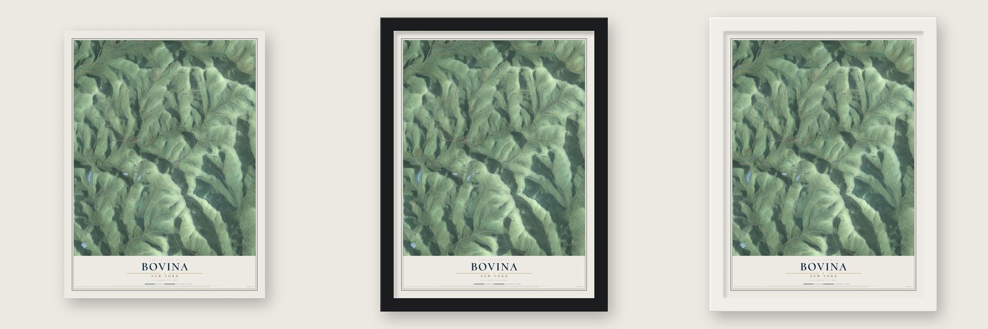 Bovina, New York map unframed, in a black wood frame and in a white wood frame