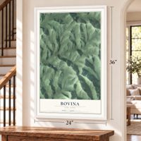 Bovina, New York map, 24 x 36 inch print in a white frame by a staircase
