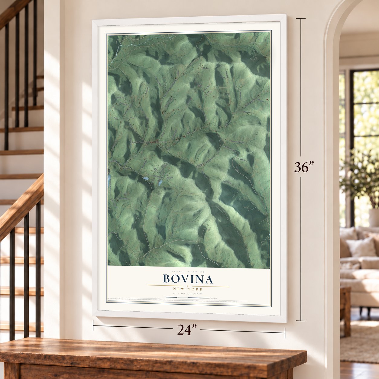 Bovina, New York map, 24 x 36 inch print in a white frame by a staircase