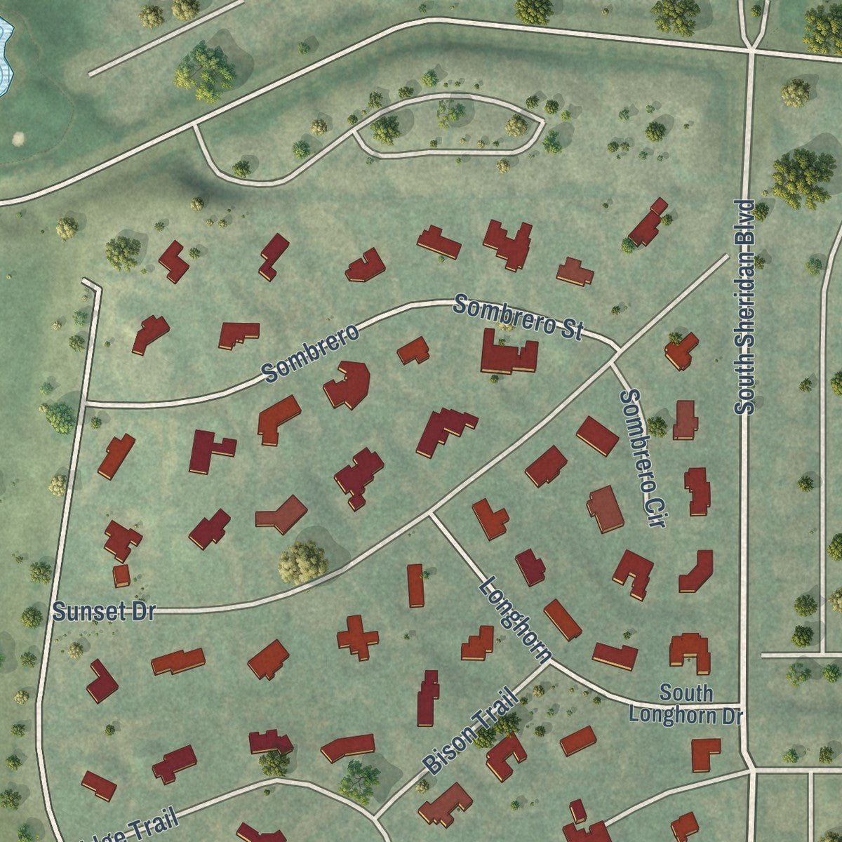 Second close-up of the map of Bow Mar, Colorado print showing more streets and buildings