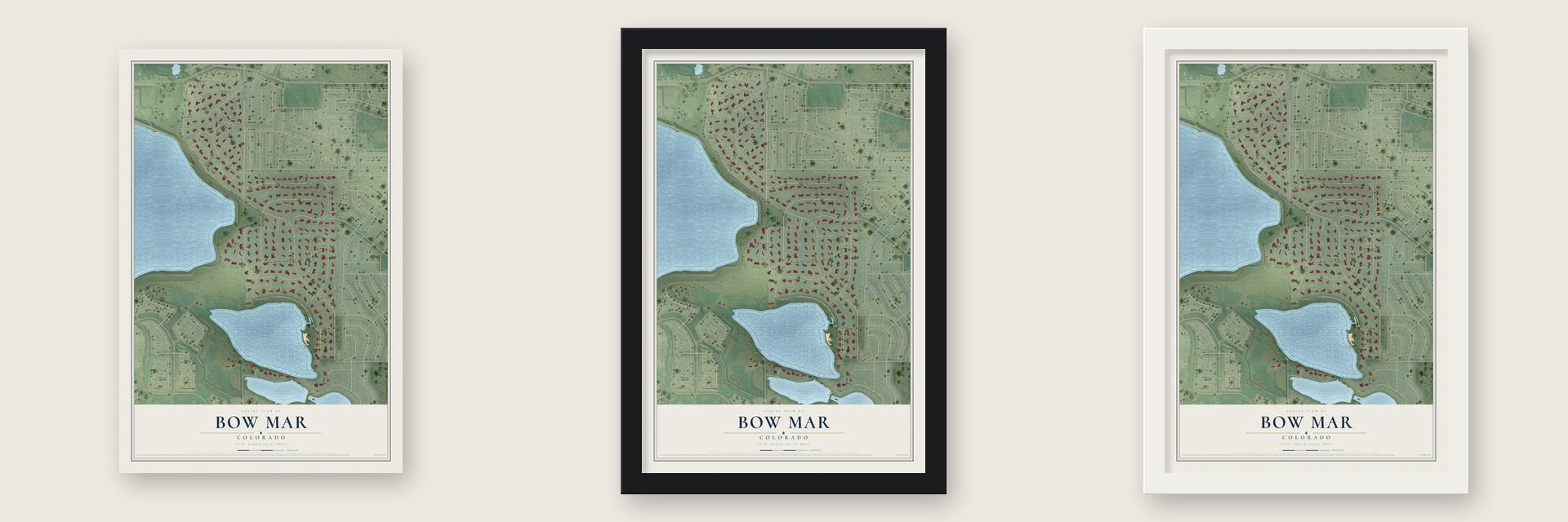 Bow Mar, Colorado map unframed, in a black wood frame and in a white wood frame