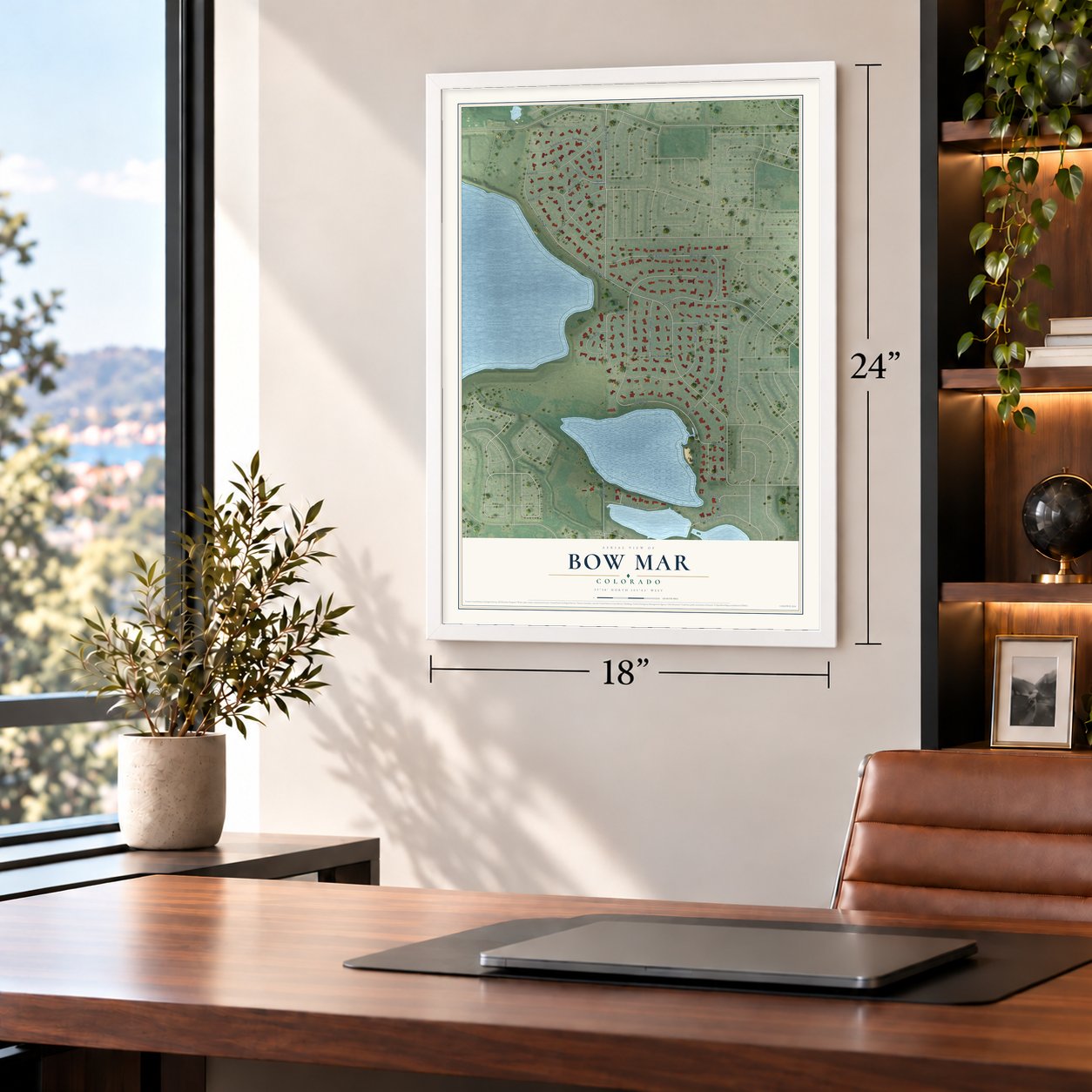 Bow Mar, Colorado map, 18 x 24 inch print in a white frame in a home office