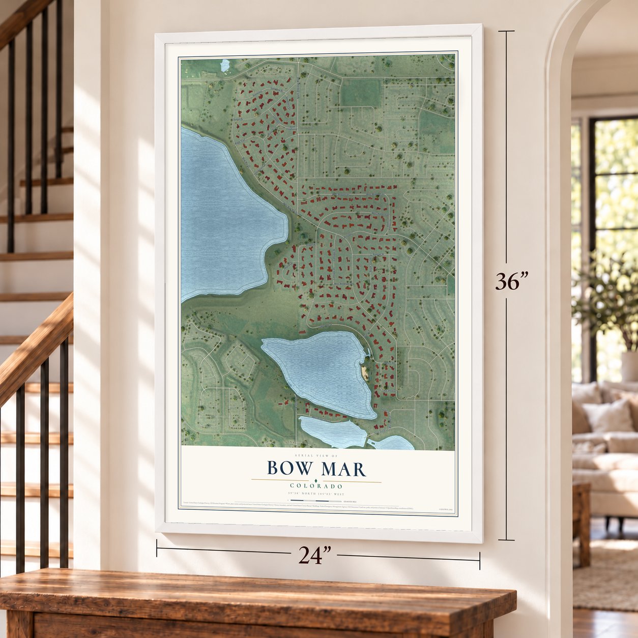 Bow Mar, Colorado map, 24 x 36 inch print in a white frame by a staircase