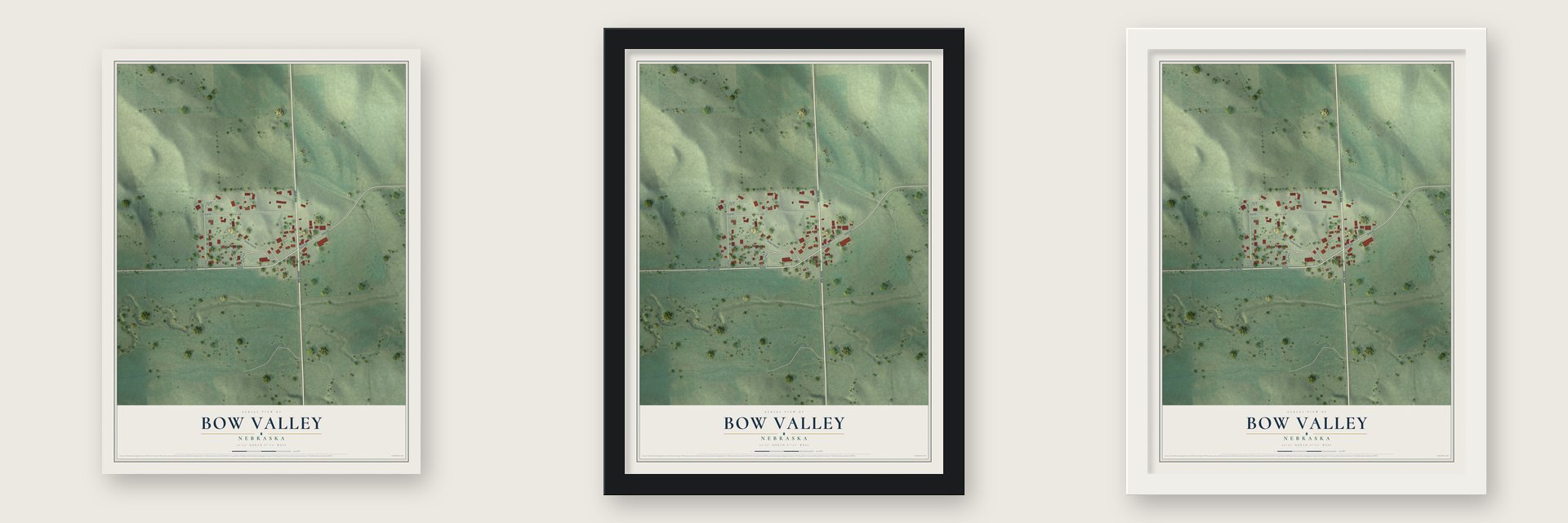 Bow Valley, Nebraska map unframed, in a black wood frame and in a white wood frame