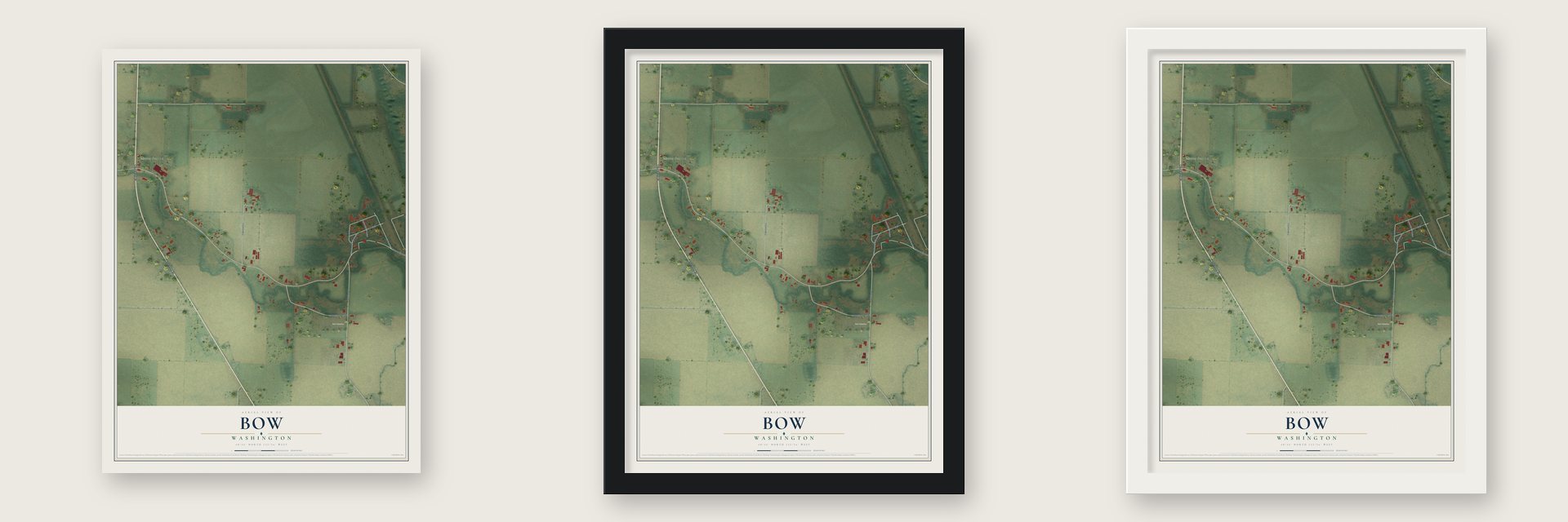 Bow, Washington map unframed, in a black wood frame and in a white wood frame