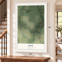 Bow, Washington map, 24 x 36 inch print in a white frame by a staircase