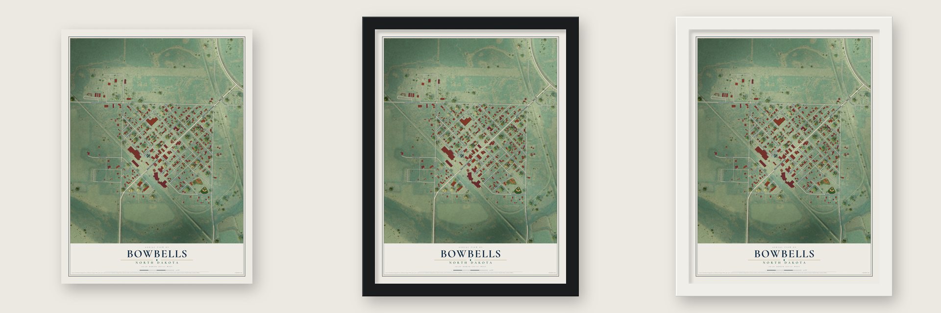 Bowbells, North Dakota map unframed, in a black wood frame and in a white wood frame