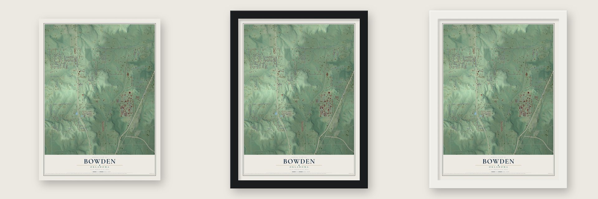 Bowden, Oklahoma map unframed, in a black wood frame and in a white wood frame