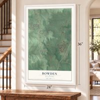 Bowden, Oklahoma map, 24 x 36 inch print in a white frame by a staircase