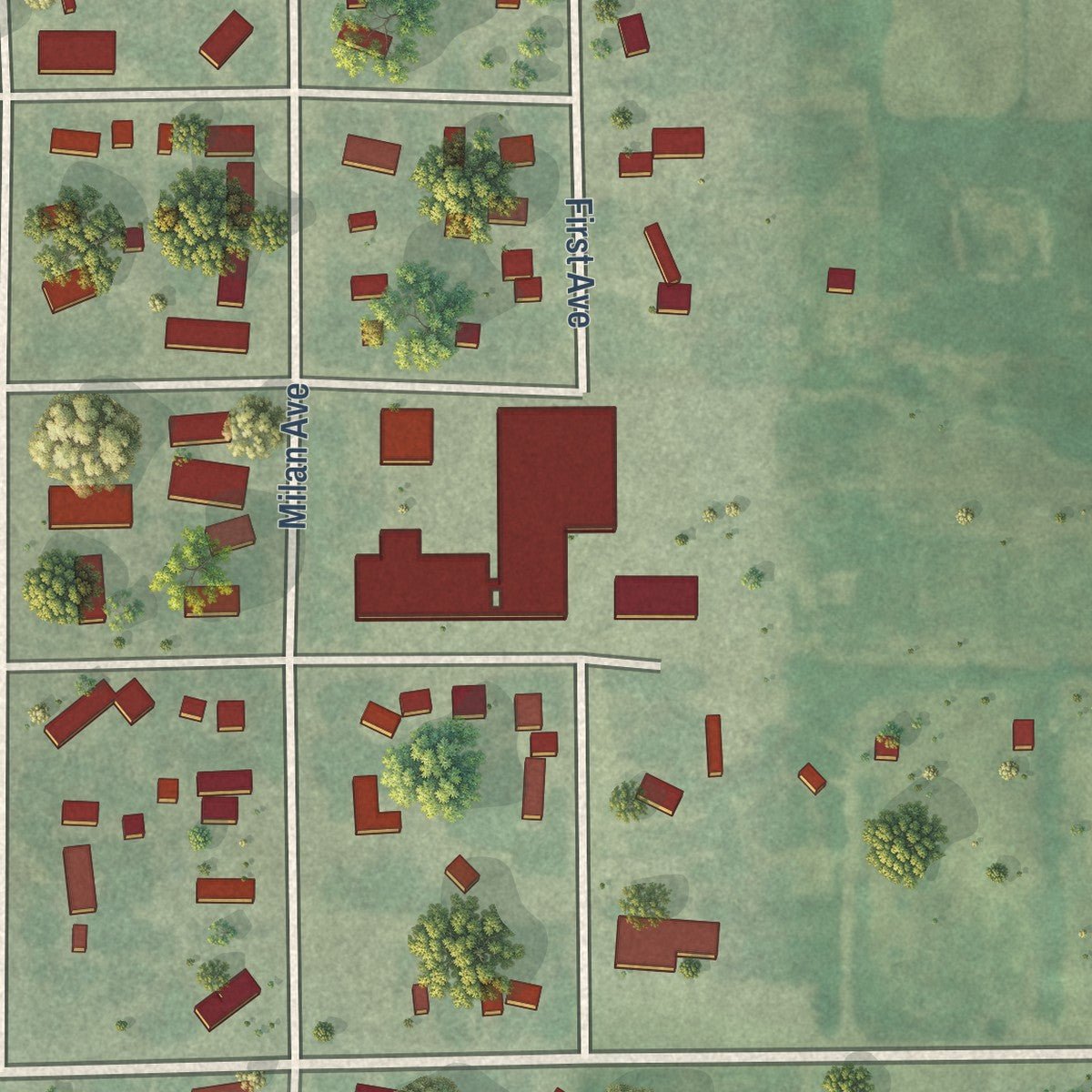 Second close-up of the map of Bowdle, South Dakota print showing more streets and buildings