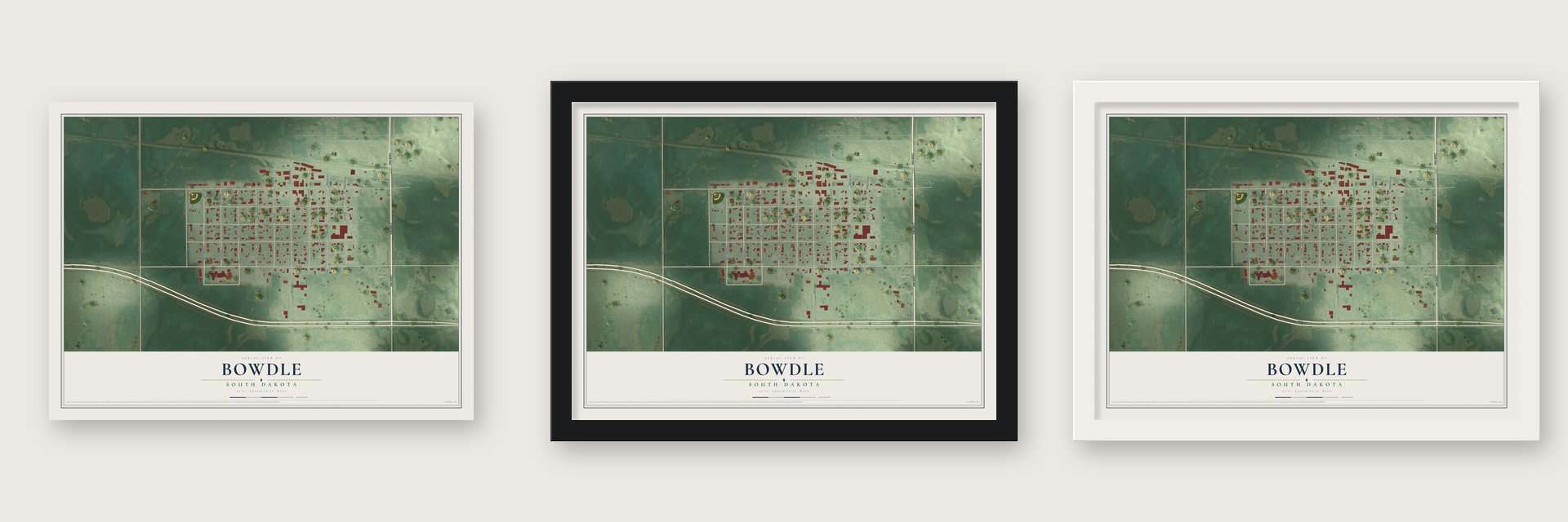 Bowdle, South Dakota map unframed, in a black wood frame and in a white wood frame