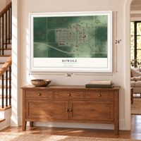 Bowdle, South Dakota map, 24 x 36 inch print in a white frame above a dresser by a staircase