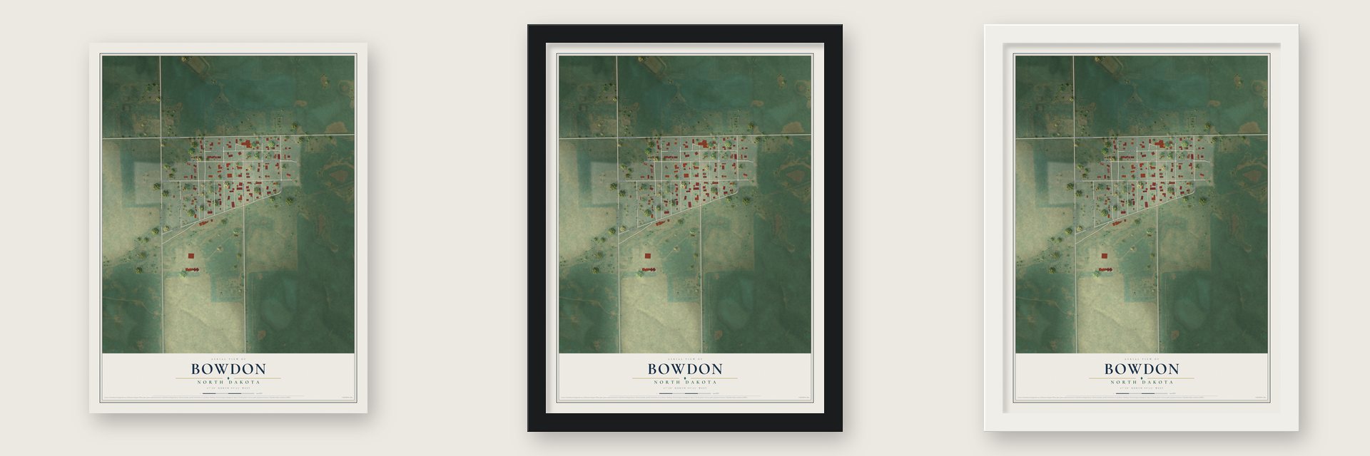 Bowdon, North Dakota map unframed, in a black wood frame and in a white wood frame