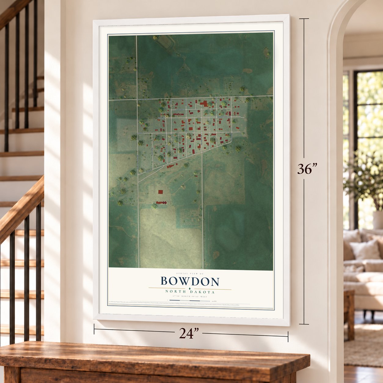 Bowdon, North Dakota map, 24 x 36 inch print in a white frame by a staircase