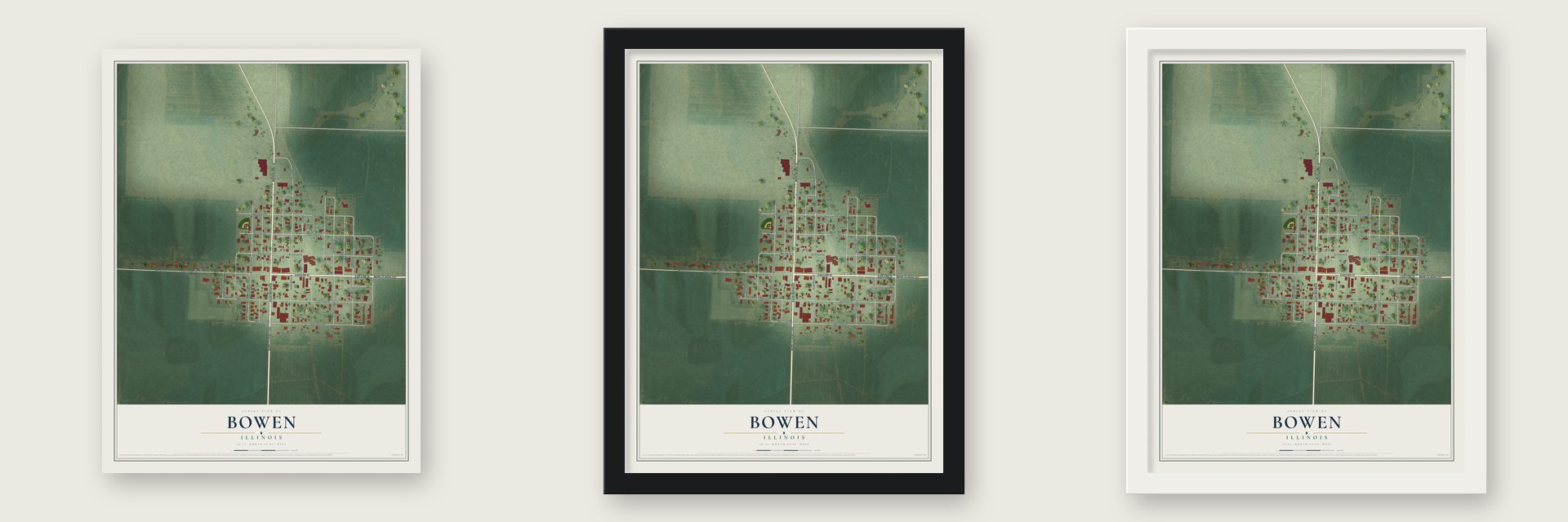 Bowen, Illinois map unframed, in a black wood frame and in a white wood frame