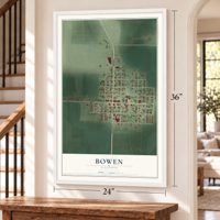 Bowen, Illinois map, 24 x 36 inch print in a white frame by a staircase