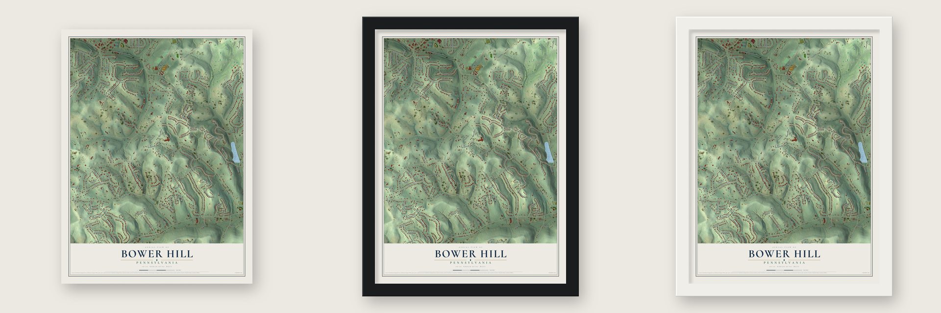 Bower Hill, Pennsylvania map unframed, in a black wood frame and in a white wood frame