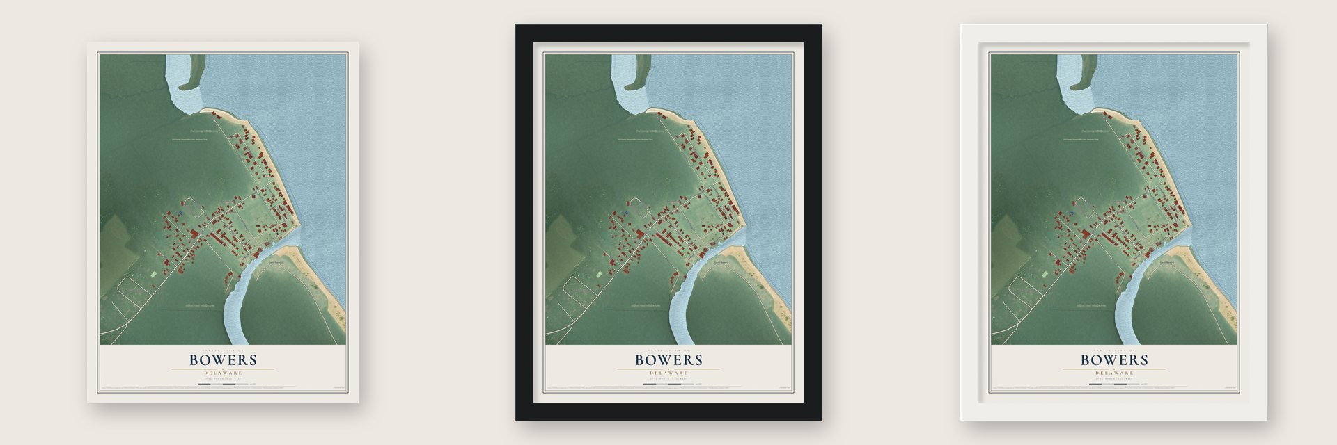 Bowers, Delaware map unframed, in a black wood frame and in a white wood frame