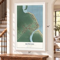 Bowers, Delaware map, 24 x 36 inch print in a white frame by a staircase