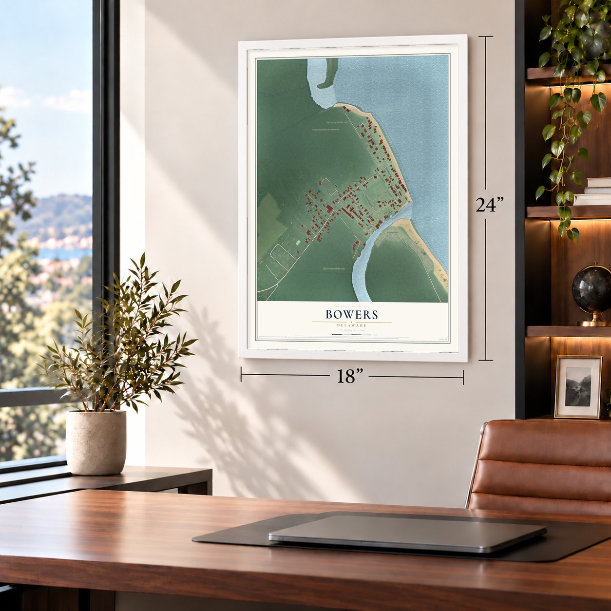 Bowers, Delaware map, 18 x 24 inch print in a white frame in a home office