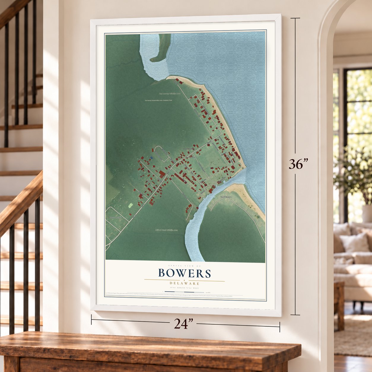 Bowers, Delaware map, 24 x 36 inch print in a white frame by a staircase