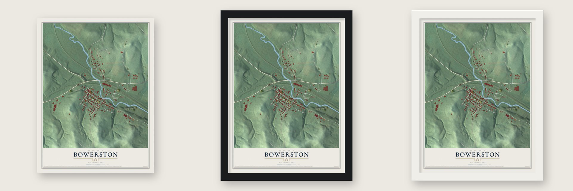 Bowerston, Ohio map unframed, in a black wood frame and in a white wood frame