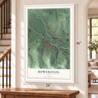 Bowerston, Ohio map, 24 x 36 inch print in a white frame by a staircase