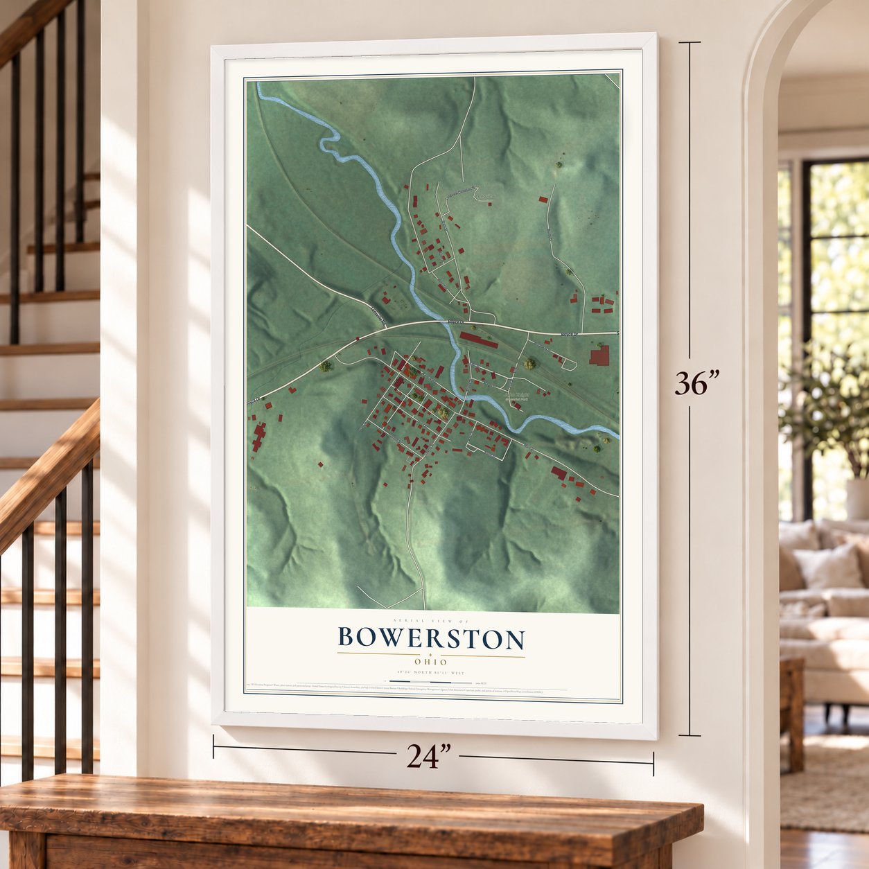 Bowerston, Ohio map, 24 x 36 inch print in a white frame by a staircase