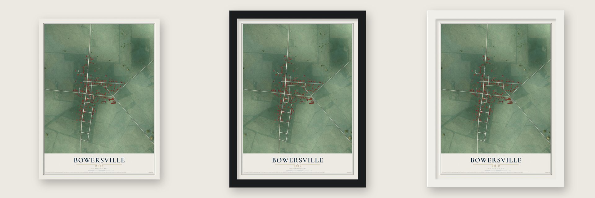 Bowersville, Ohio map unframed, in a black wood frame and in a white wood frame