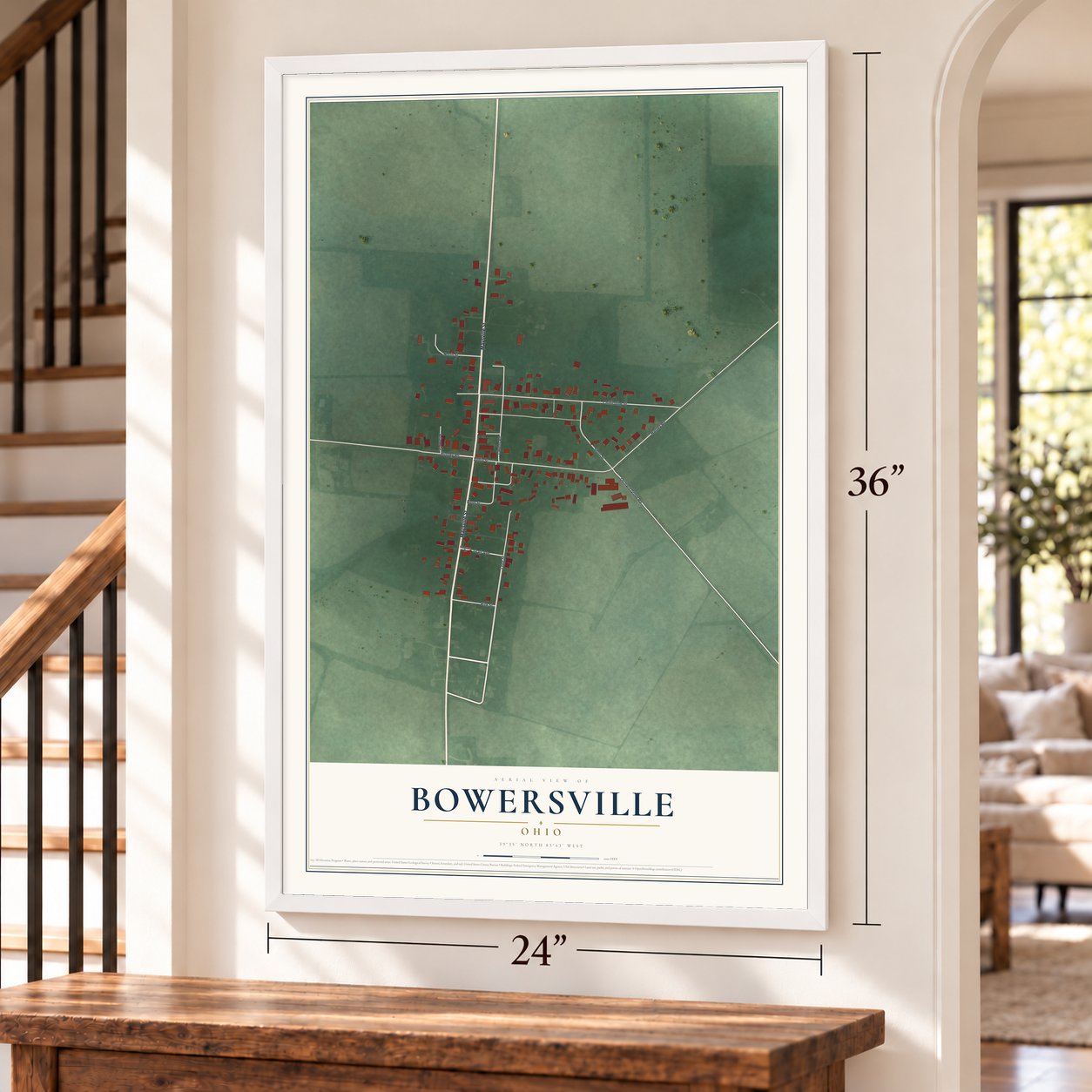 Bowersville, Ohio map, 24 x 36 inch print in a white frame by a staircase
