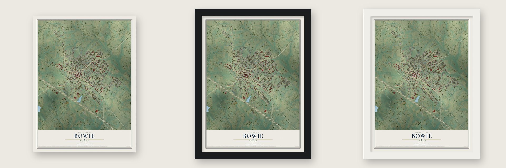 Bowie, Texas map unframed, in a black wood frame and in a white wood frame