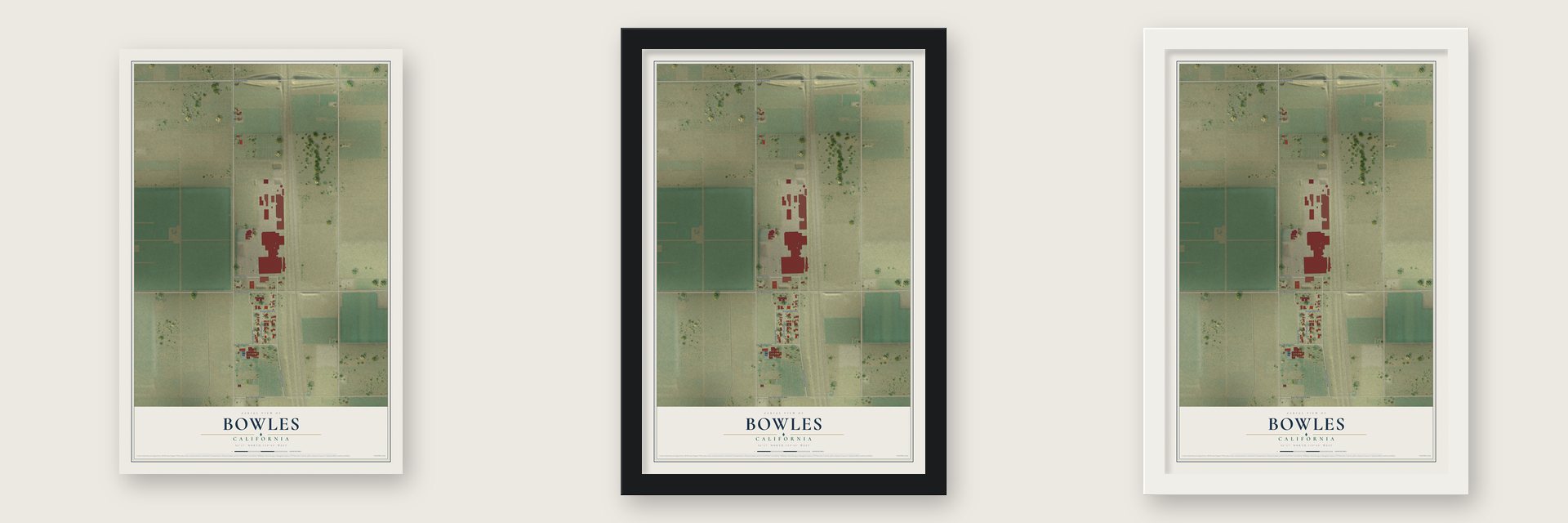 Bowles, California map unframed, in a black wood frame and in a white wood frame
