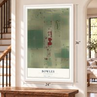 Bowles, California map, 24 x 36 inch print in a white frame by a staircase