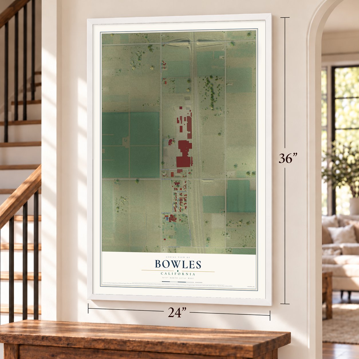 Bowles, California map, 24 x 36 inch print in a white frame by a staircase